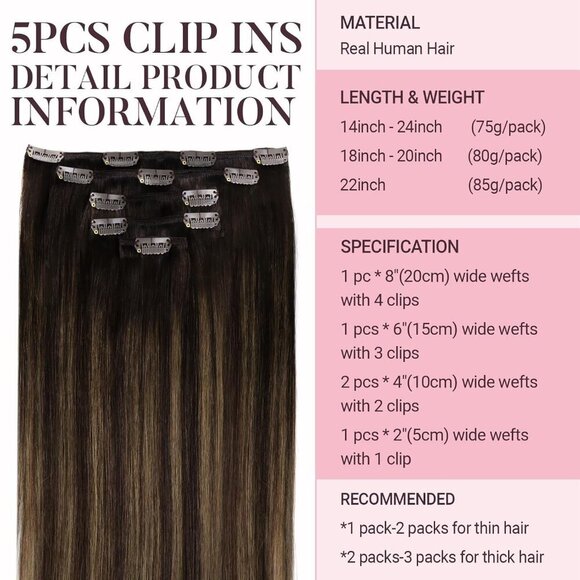 Hair Extensions Clip in Human Hair 16 Inch Balayage Dark Brown Chestnut main image 9